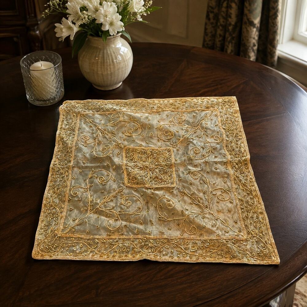 Gold Zardozi Embroidered Table Topper 15x15 Sheer Beaded Floral Square